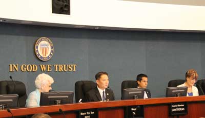 Westminster City Council members, left to right, Mayor Pro Tem Margie L. Rice, Mayor Tri Ta, Sergio Contreras and Diana Lee Carey. (Photo by Tam Nguyen/Nguoi Viet)