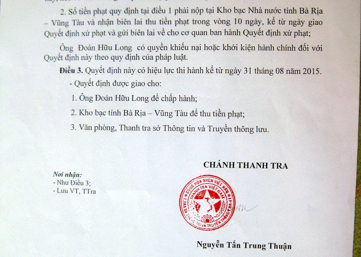 Blogger Đoàn Hữu Long bị xử phạt 5 triệu đồng, đồng thời buộc phải gỡ những thông tin không được phép đăng tải trên Trang Thông tin điện tử cá nhân theo quy định.
