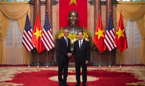 US President Barack Obama is greeted during his official visit to Vietnam in May 2016 by President Tran Dai Quang. Photos: CNS